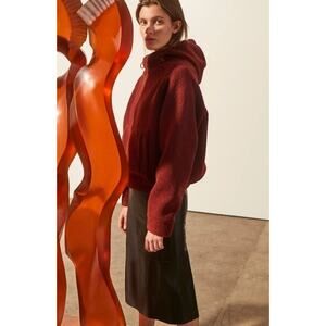 Vince Cozy Pullover Hoodie Small Red Maroon Faux Sherpa Teddy Cropped Sweatshirt